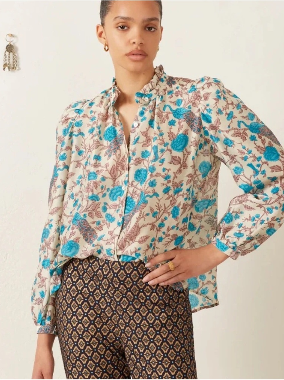Alix Of Bohemia Cream Blouse with Turquoise & Brown Floral Print